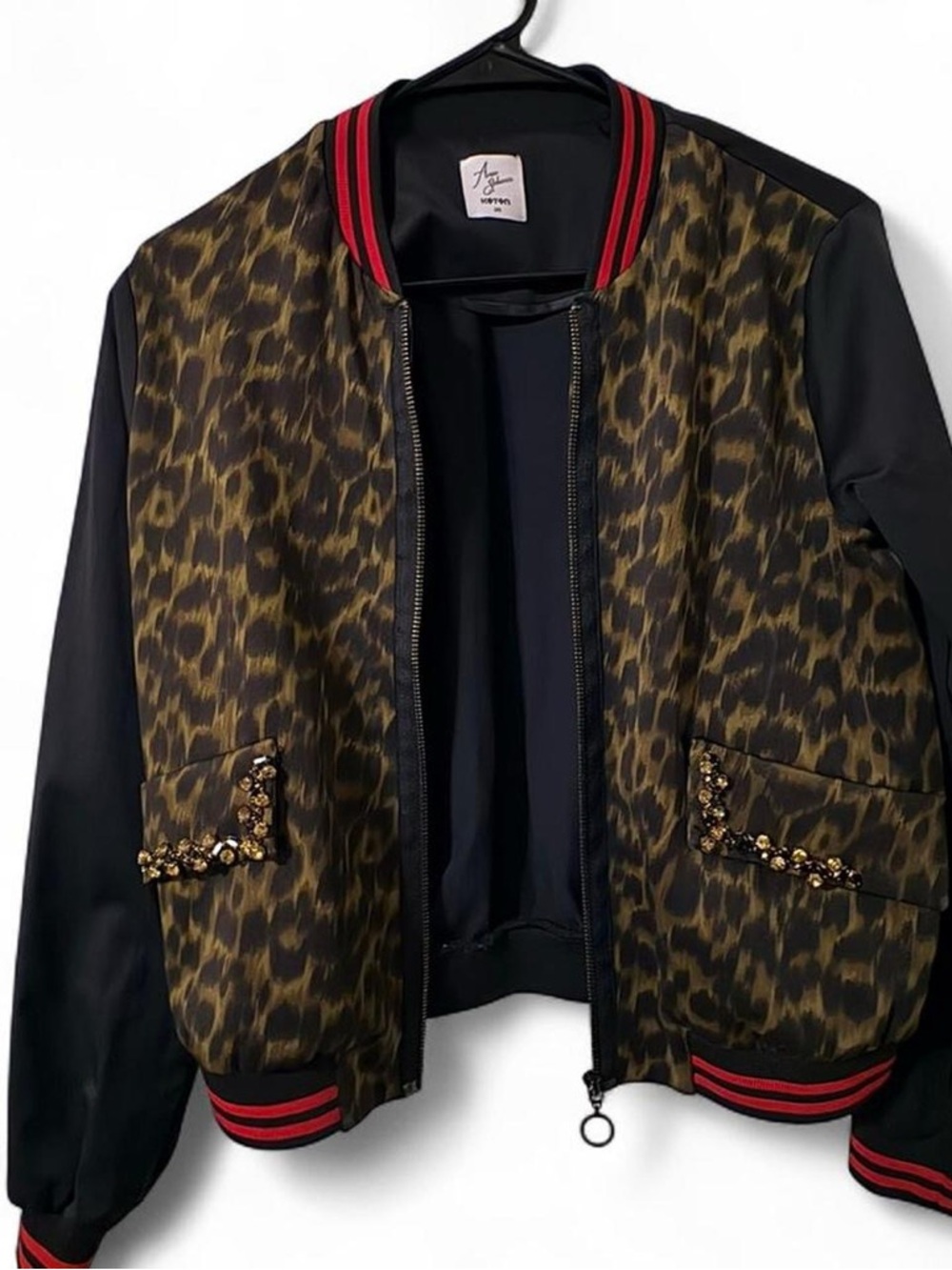 Arzu Sabanci Leopard-Print Bomber Jacket with Embellished Pockets - Black/Olive